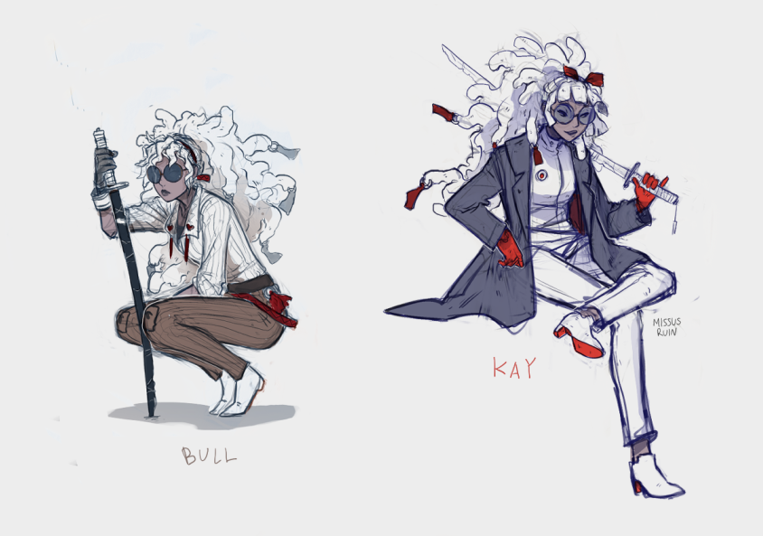 the image contains two concept art sketches of female characters, seemingly in an anime or manga style.  each character, labeled "bull" and "kay," has voluminous white hair styled differently. both characters wield a katana or similar sword. "bull" is depicted in a crouching, battleready pose wearing a striped shirt, brown pants, and boots. "kay" is in a more confident, posed stance, wearing a white outfit underneath a darkblue coat and high heels.  both characters have red gloves and accents in their attire. the art style is loose and sketchy, suggesting preliminary design work.  the artist's signature, "missus ruin," is visible in the bottom right corner.