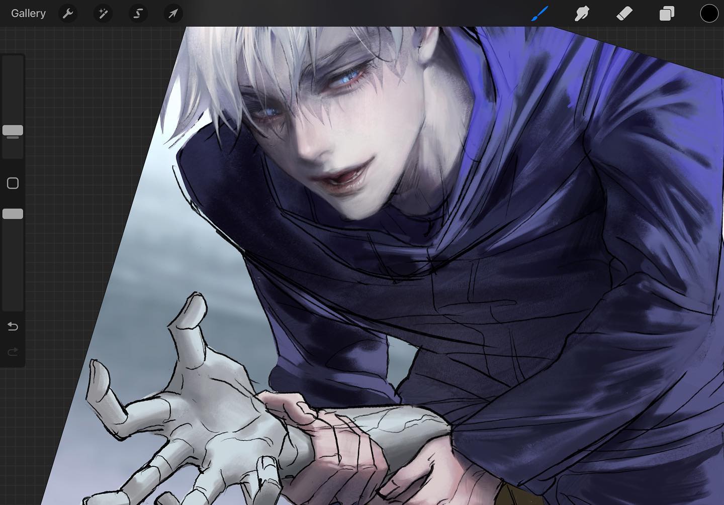 a digital drawing of a paleskinned man with white hair and blue eyes. he is wearing a blue hoodie and has a robotic arm. the background is a blurred gray.