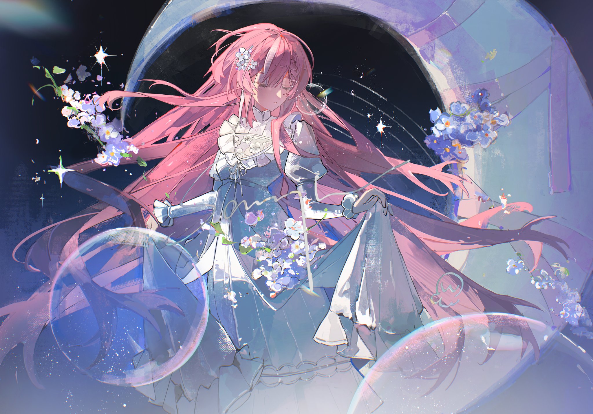 the image showcases a stunning digital painting of an anime girl. she possesses long, flowing pink hair adorned with delicate flowers, and wears a light blue dress embellished with floral details.  she is surrounded by shimmering bubbles and forgetmenots, creating an ethereal and dreamy atmosphere. the backdrop features a crescent moon and a scattering of stars, enhancing the fantastical quality of the artwork. the overall style is soft, pastel, and highly detailed, portraying a graceful and elegant character in a magical setting. the artist's skill is evident in the subtle blending of colors and textures, creating a visually captivating piece.