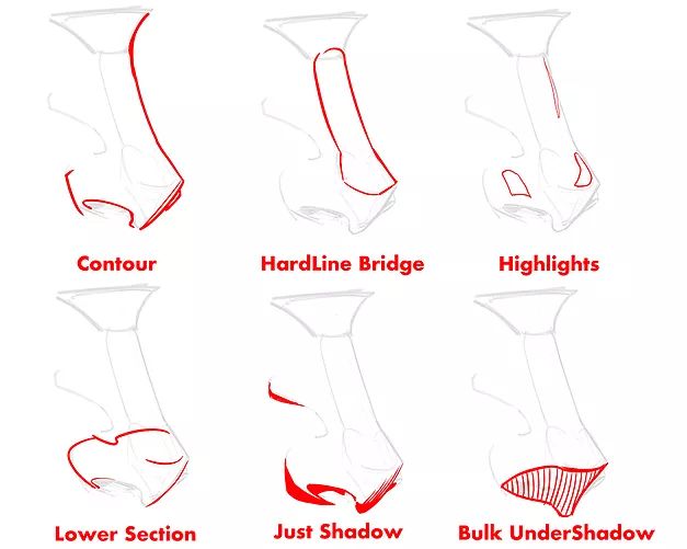 the image shows a drawing tutorial demonstrating how to draw a nose in six different ways. each drawing has a base sketch of a nose, with red lines indicating a specific element of the drawing: contour, hardline bridge, highlights, lower section, shadow, and undershadow. the drawings are labeled with their respective elements.