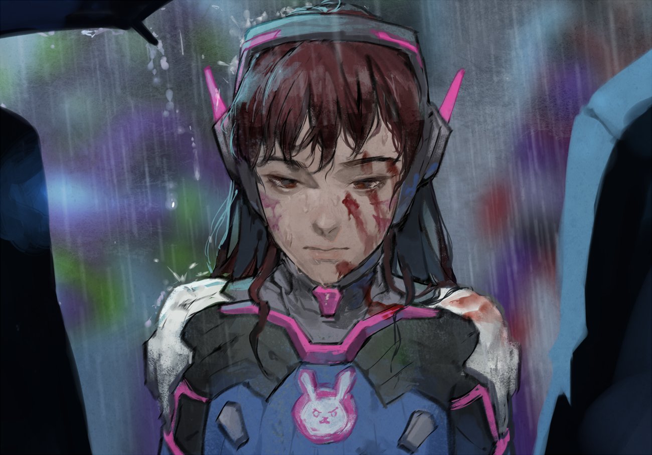 the image is a portrait of d.va from the video game overwatch, drawn in an anime style. she is standing in the rain and has blood on her face and shoulder, suggesting she has been in a fight. her expression is sad and contemplative. the background is blurred and indistinct, suggesting the focus is on her emotional state.