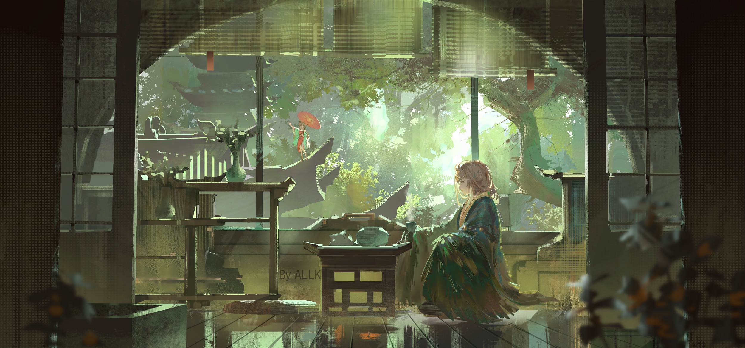 the image is a digital painting or illustration depicting a young woman in traditional asian clothing seated in a tranquil room. the room features large windows that overlook a lush green garden. sunlight streams into the room, creating a warm and peaceful atmosphere. the woman appears to be engaged in a tea ceremony, with a tea set on a low table in front of her. the style of the artwork is reminiscent of anime or manga, with soft colors and a focus on mood and atmosphere.  the overall scene suggests a sense of calm and quiet contemplation. the artist's signature "by allk" is subtly visible in the lower middle portion.