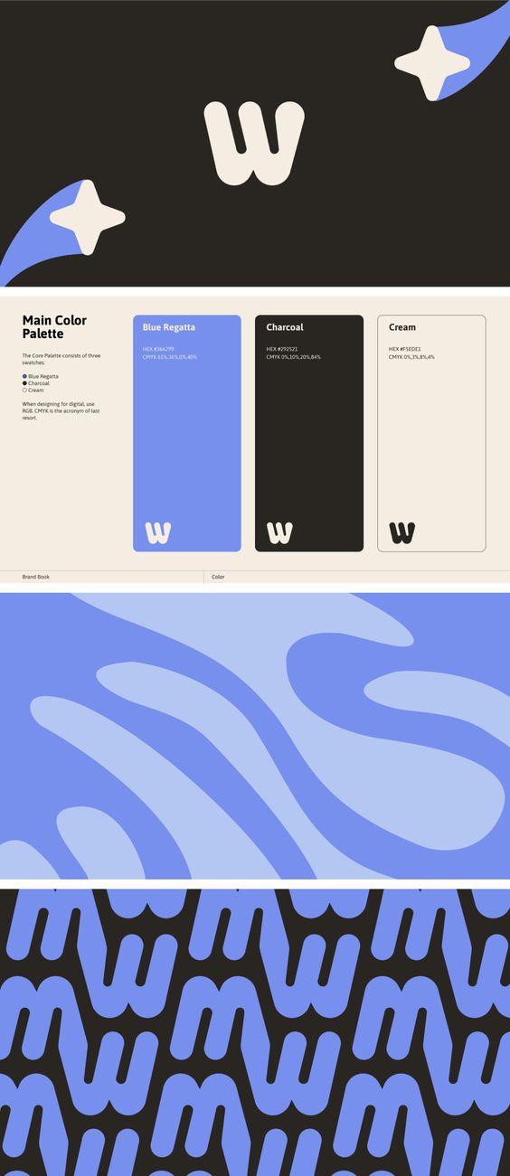 the image showcases a brand design featuring a playful, lowercase "w" logo. the color palette is presented with three primary colors: a vibrant blue, a deep charcoal, and a soft cream. the brand guidelines emphasize the logo's versatility on light or dark backgrounds.  two distinct patterns are displayed: a flowing, abstract design in blue and a repeating pattern of the stylized "w" against a dark background.