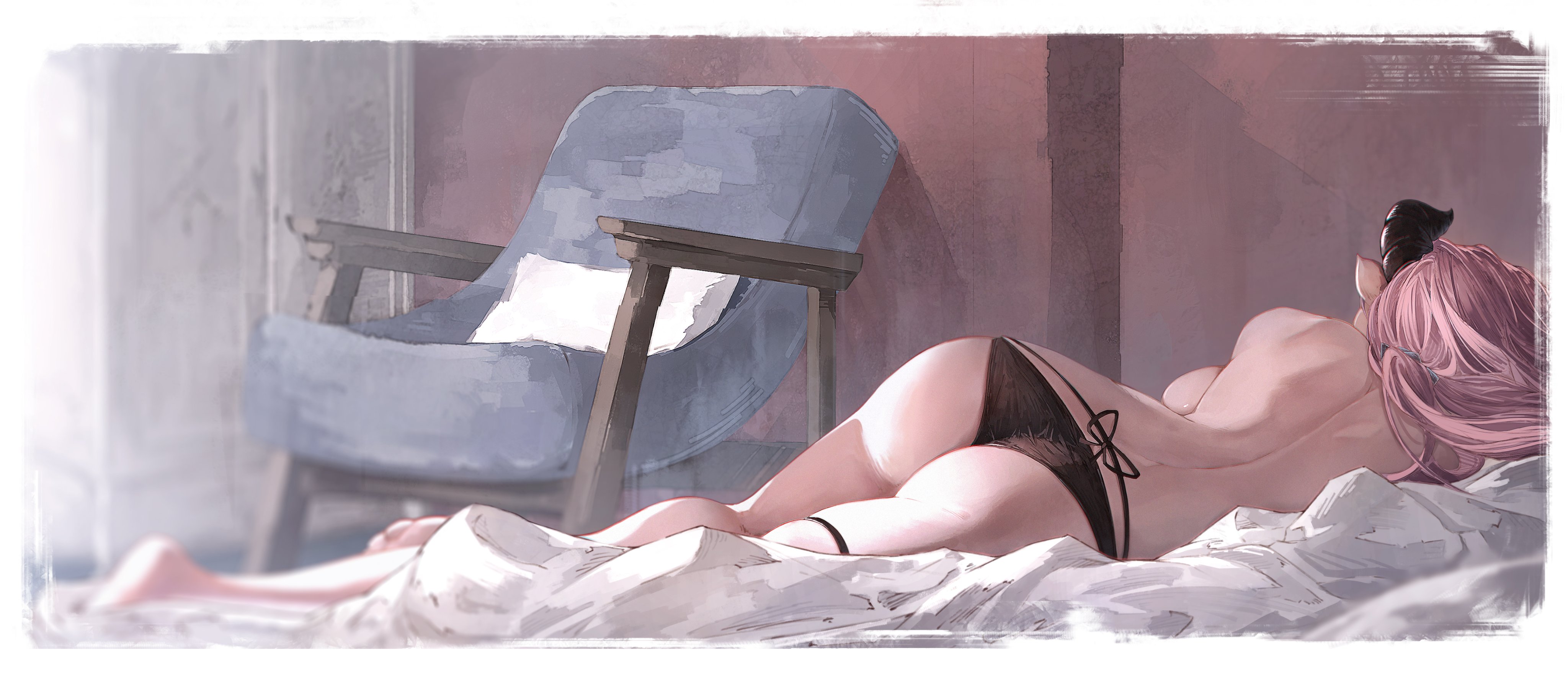 an illustration shows an anime girl lying on a bed indoors with a chair next to her. she has pink hair and horns, and wears black lingerie. the scene is painted in a muted color palette.