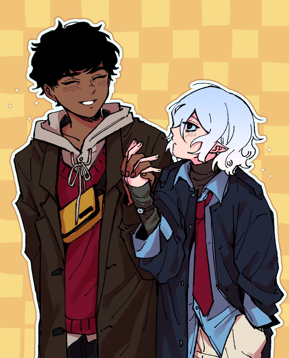 he image is a digital drawing of two animestyle boys. one boy has dark skin and black hair, while the other has light skin and white hair. they are holding hands and smiling at each other. the boy with dark skin is wearing a brown coat, a red sweater, and a yellow bag. the boy with white hair is wearing a dark blue coat, a light blue shirt, and a red tie. the background is a pastel yellow with a checkered pattern. the overall style is cute and charming.