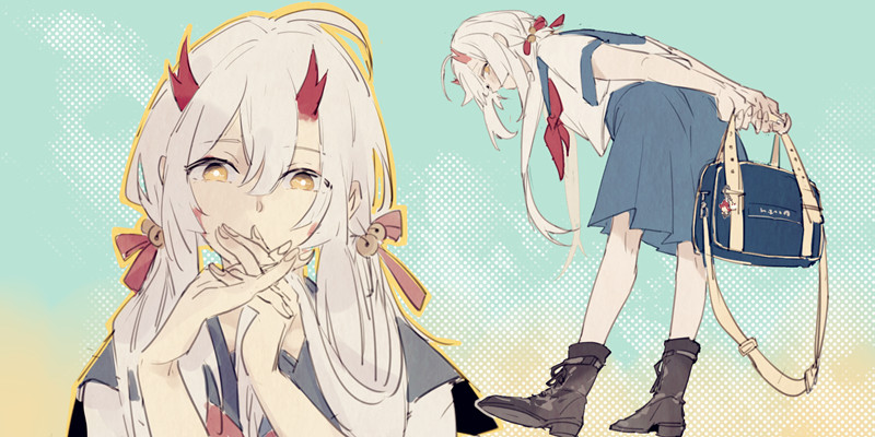 this is a digital illustration of an anime girl with white hair and red horns. she is wearing a school uniform, a blue skirt, and black boots. she has red ribbons in her hair and a bag on her shoulder. she has yellow eyes. the girl appears to be holding her hands in front of her face. her expression is very cute.