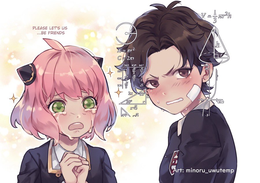 an anime style image with two characters, a girl and a boy, the girl is crying and is sad. the boy looks happy and smiling,  the girl is asking the boy to be friends, and the boy doesn't look interested.  the image has mathematical equations and diagrams, and it looks like the girl is trying to solve a problem.