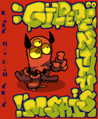 the illustration features a whimsical, cartoonish red monster set against a vibrant red background. the monster, sporting three eyes and small horns, exudes a mischievous aura. it's adorned with oversized sneakers and holds a small, nondescript object in its hand. graffitistyle lettering, reminiscent of street art, frames the character. the text, "gip gme not hilis," is written vertically on the left side, while "gip gme not hilis!" is boldly displayed at the bottom. the overall aesthetic is playful and energetic, with a distinct urban vibe.