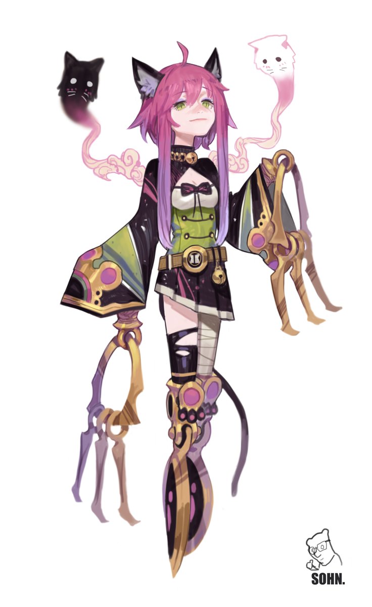 he image showcases a fullbody character design of an anime girl dressed in an elaborate, fantasyinspired outfit. she has long pink hair with cat ears and is winking playfully at the viewer. her attire incorporates elements of a cat girl, with a tail and catshaped accessories. she's armed with large, ornate golden claws, suggesting a combatready character. two ghostly cat figures, one black and one white, float beside her head. the background is plain white, focusing all attention on the character and her design.