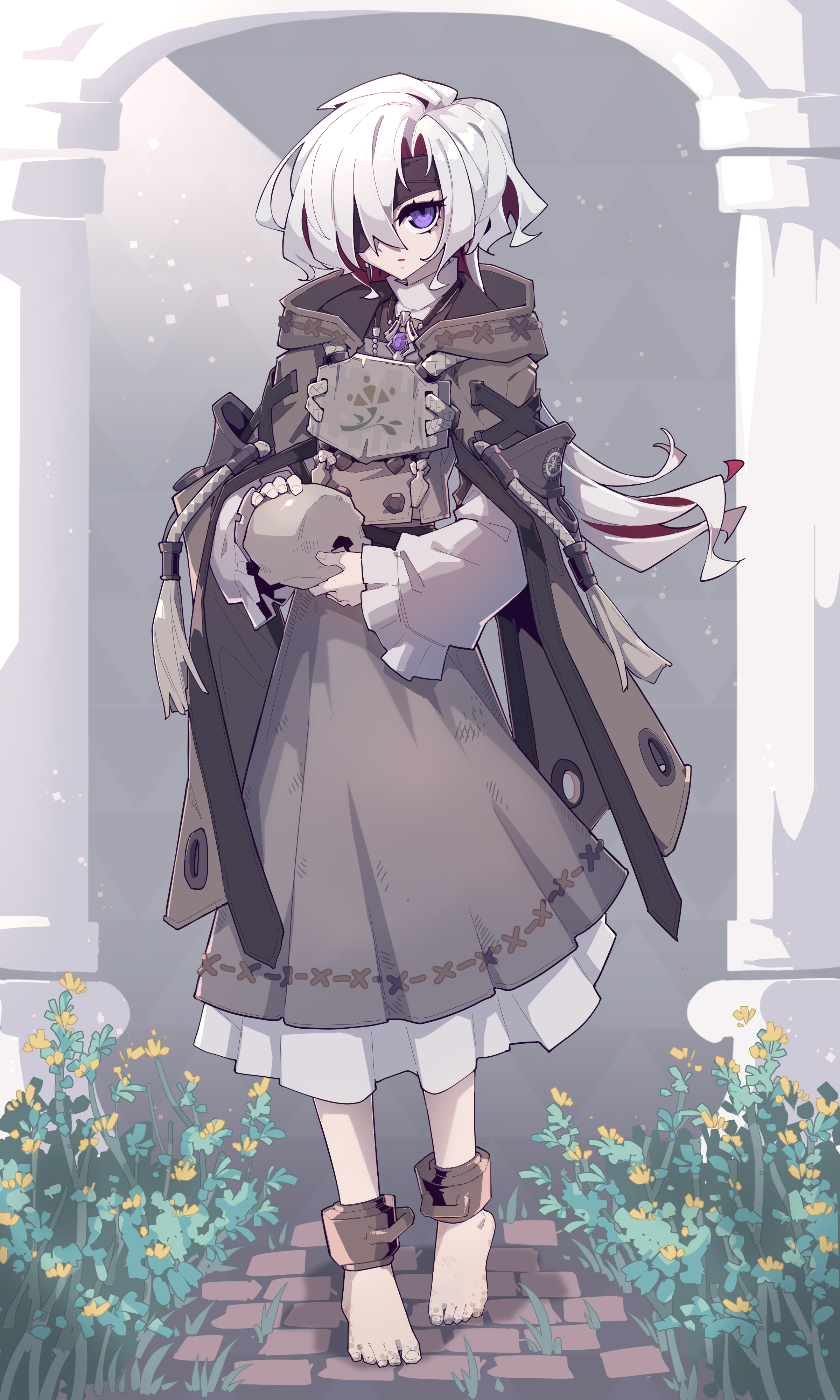 an anime girl stands barefoot on a brick path, wearing shackles. she has white hair, purple eyes, and is dressed in fantasystyle clothing. she holds a skull in one hand and a book in the other. the background features an archway and flowers.
