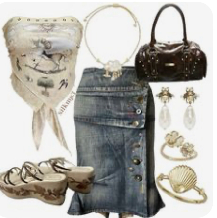 the image shows a complete women's outfit laid out against a white background. the outfit consists of a white silk tube top with a whimsical print, a long denim skirt with button details, brown platform sandals, and a brown handbag. the accessories include a pearl and silver choker, pearl drop earrings, and three pearl and gold bracelets, one of which is a shell motif.