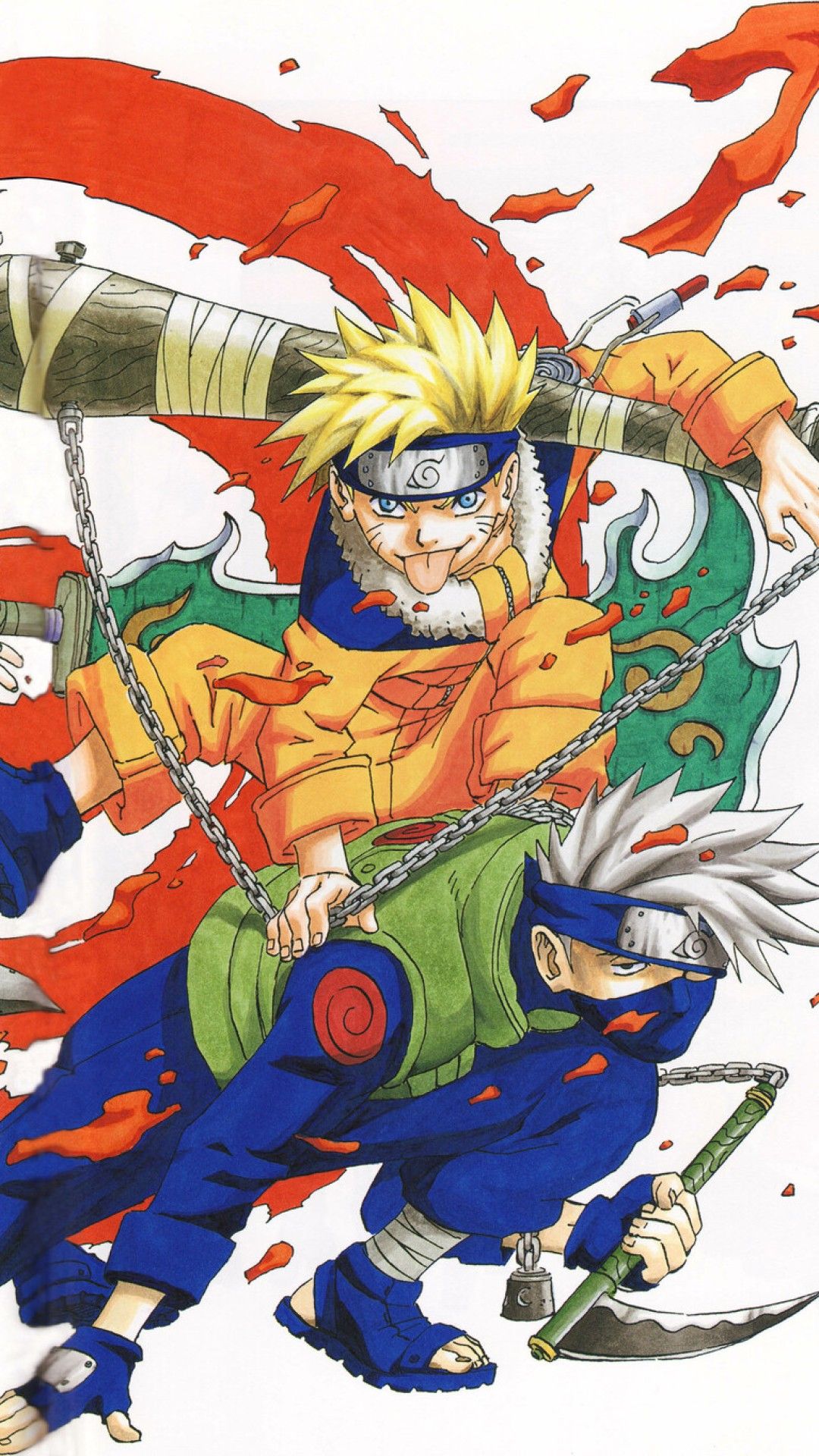 this is a dynamic anime drawing depicting two ninjas, naruto and sasuke, in a fierce fight. naruto, in his signature yellow and orange jumpsuit, is wielding a large, chainlinked weapon.  he appears to be engaged in a physical struggle with sasuke, who is wearing a dark blue and green ninja uniform. sasuke holds a distinctive, curved, and sharp sword. the image is full of action and energy with dynamic poses and splashes of red signifying the intensity of their fight.