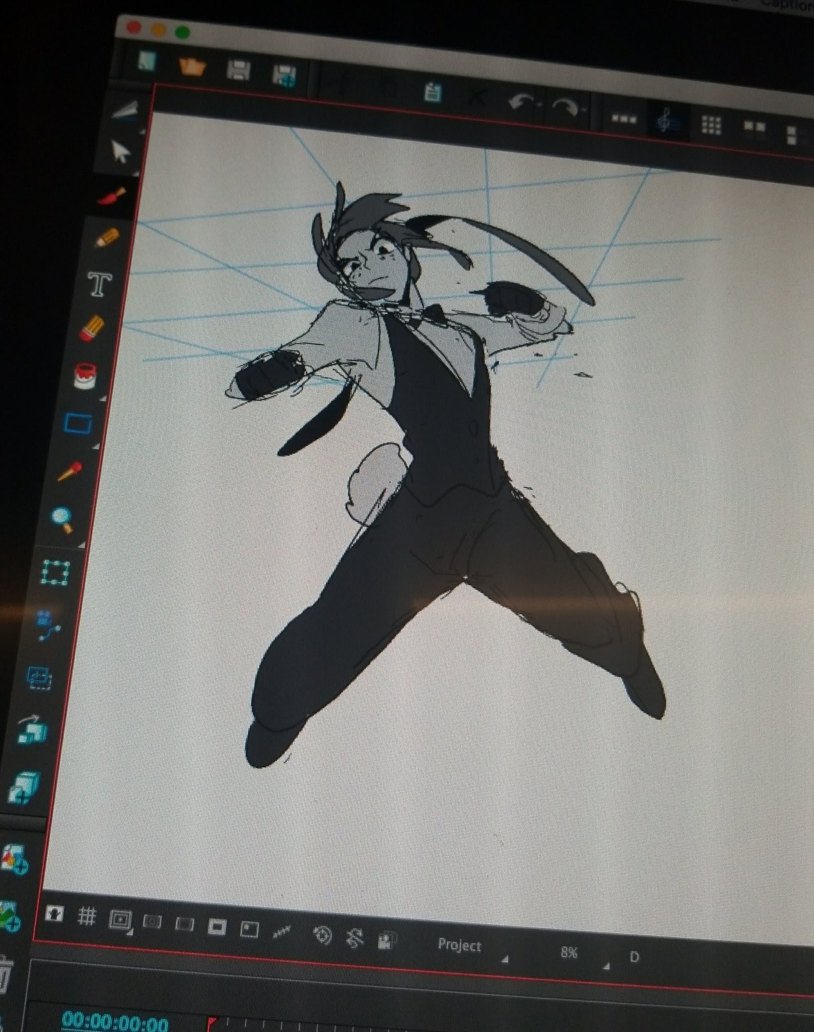 an image of a digital drawing in black and white on a computer screen. it's an anime character in a dynamic pose.  this drawing is likely from a storyboard or a panel for a digital manga or anime.