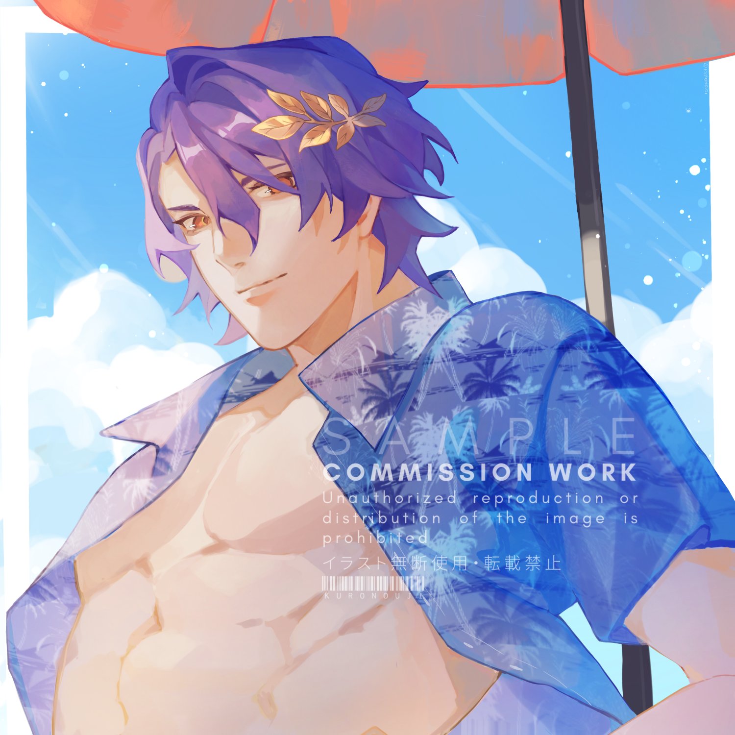 this is a digital illustration of a handsome anime male character. he has purple hair with a gold leaf clip. he's wearing a blue shirt with palm trees printed on it. the background is a beach with a blue sky and clouds. the man looks toward the viewer with a warm, inviting smile.