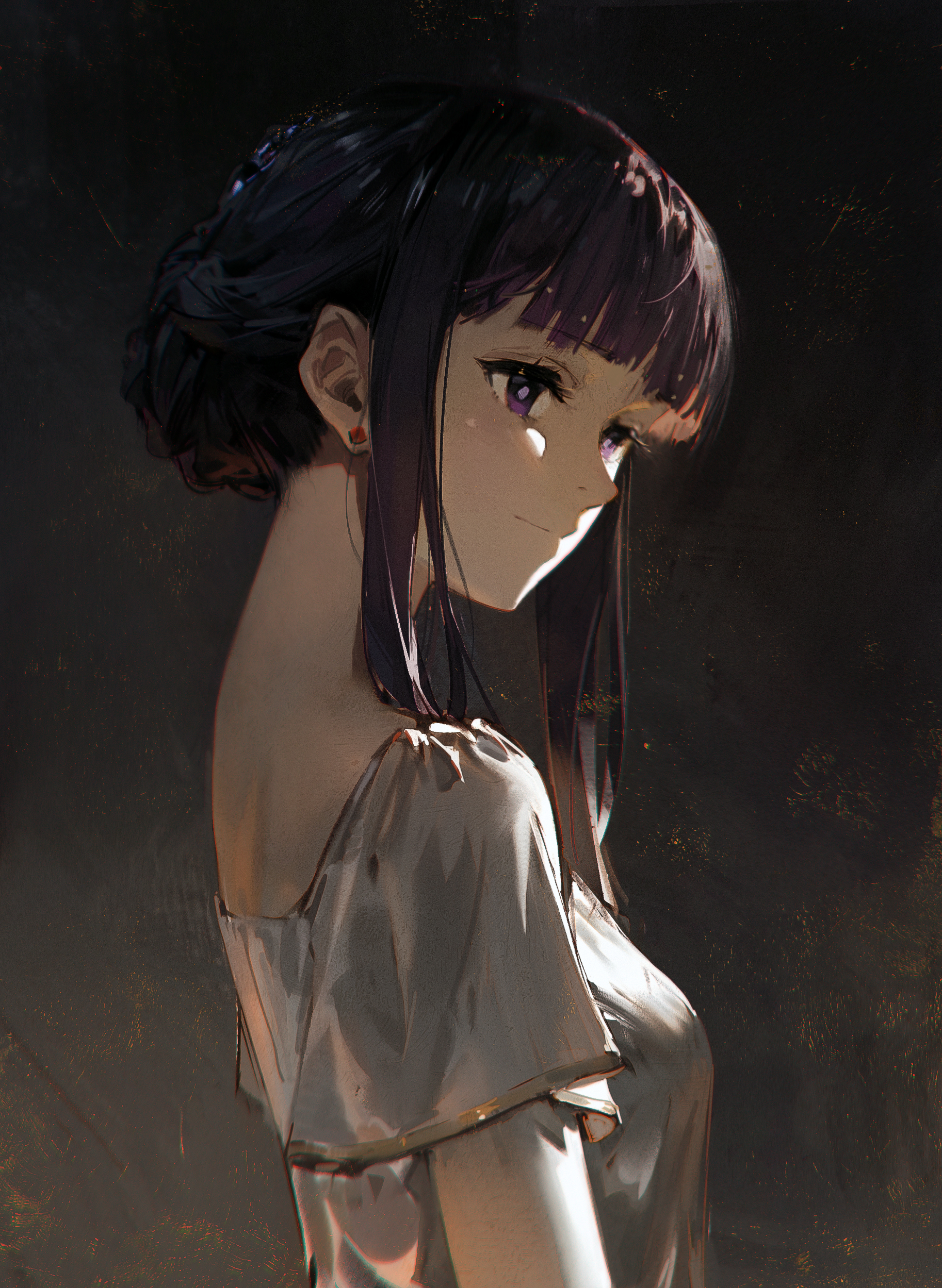 a closeup portrait of a young anime girl with long purple hair. she is smiling and looking away from the camera. she has purple eyes and is wearing a white shirt. the background is dark and shadowy.