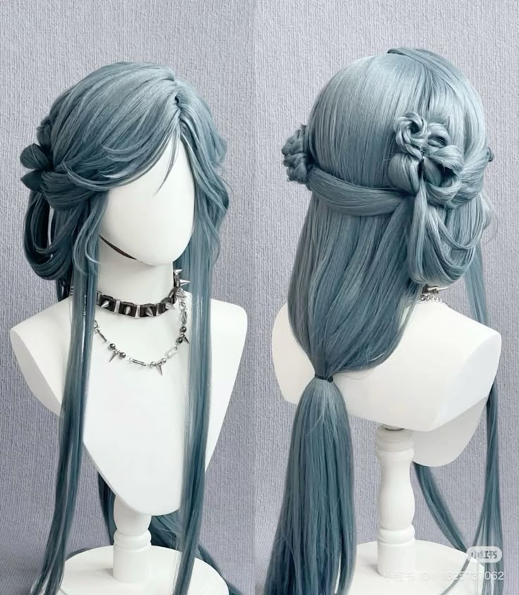 the image showcases a blue wig styled on two white mannequin heads. the wig features an elaborate updo with braids, twists, and decorative flowerlike details. the front view reveals long, flowing strands, while the back view displays a partially tied ponytail. the mannequins are adorned with studded or spiked necklaces. the backdrop is a simple, textured gray. the composition focuses on presenting the wig's design and aesthetic.
