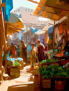 this is an illustration of a bustling market scene, bathed in warm sunlight. people crowd a narrow street lined with vendors selling their wares from stalls.  the scene evokes a middle eastern or north african setting with its architecture and attire.  the colors are warm and inviting, highlighting the textures of the textiles and the energy of the crowd.