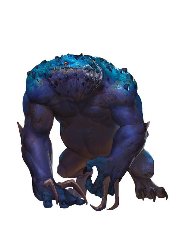 a blue and purple monster with sharp teeth and claws. the creature is crouching low to the ground with a fierce expression on its face. its eyes are black and gleaming with intelligence and malice. the monster is clearly powerful and dangerous.