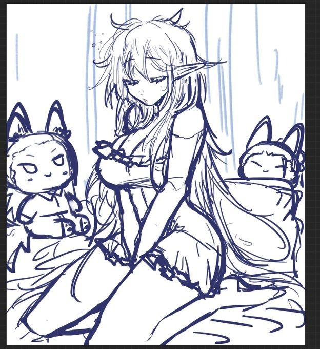 the image is a rough, blueink sketch or concept art piece depicting an animestyle elf girl with long blonde hair. she appears to be tired or sleepy, sitting on a bed in a nightgown.  two smaller, chibilike creatures with foxlike ears are also present, one seeming to be near her and another possibly on the bed behind her, possibly her companions or pets. the style is suggestive of a manga or anime drawing, with a focus on capturing emotion and pose rather than meticulous detail. the lines are loose and expressive, showing the piece is likely a work in progress. the overall mood is peaceful and slightly melancholic.