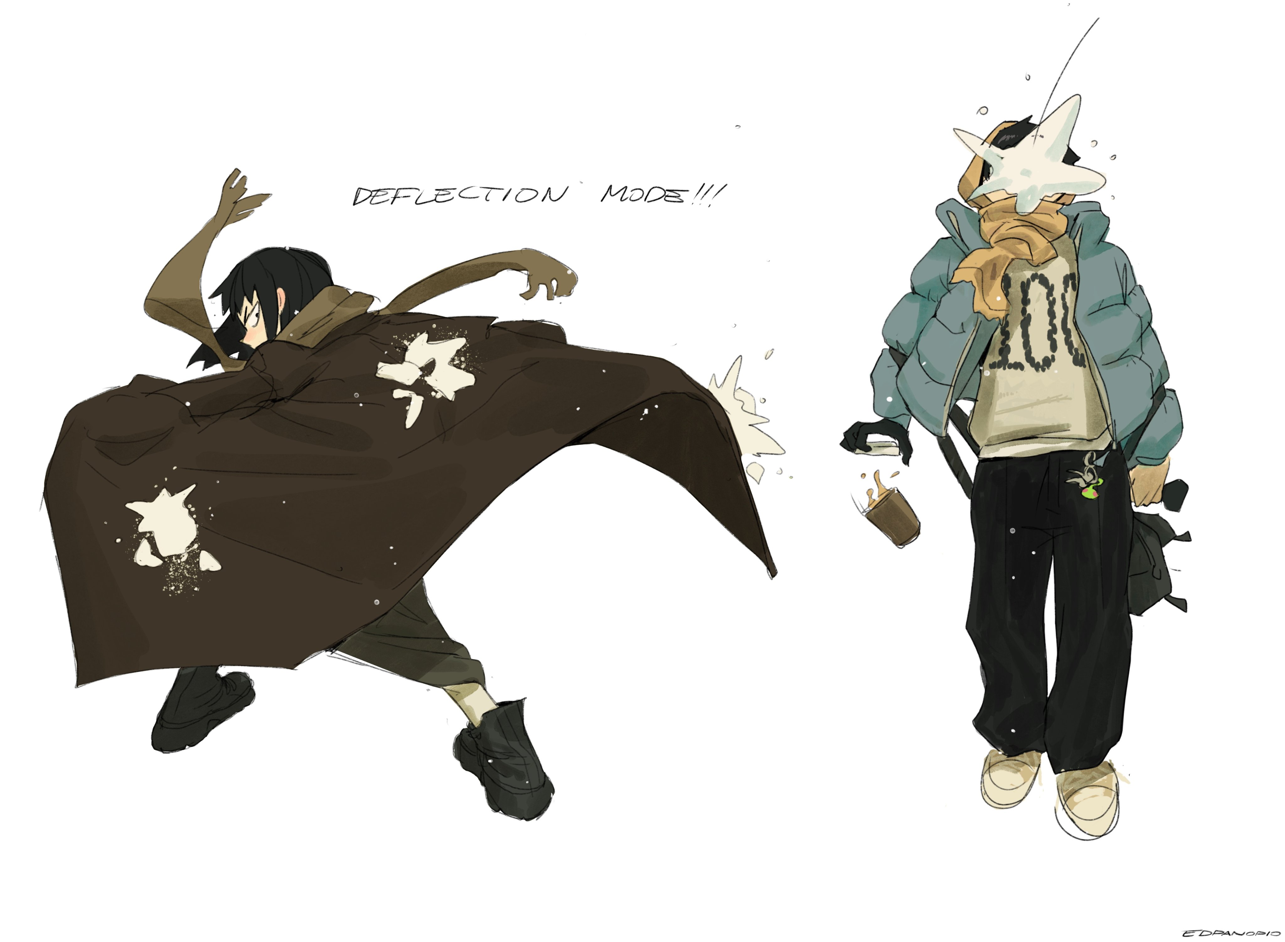 the image is a digital drawing featuring two characters. the character on the left is in a dynamic pose, wearing a brown cape with white splashes on it, suggesting a deflection of something. text above them reads "deflection mode!!!". they have short dark hair and are wearing dark clothing.  the character on the right is seemingly hit by something white, which looks like a liquid splash. they are wearing a light blue puffer jacket, a cream sweater with the number 100, dark pants, and white shoes. they are holding a cup, which appears to have spilled its contents. the style is reminiscent of anime or manga character design, with a slightly loose and expressive drawing style.  the background is plain white.