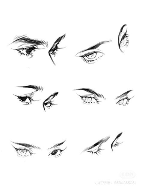 the image is a collection of various eye sketches, likely from an art tutorial.  it showcases different eye shapes, eyebrow styles, and expressions, demonstrating how to draw eyes from multiple angles and with varying degrees of intensity. the style is reminiscent of anime or manga, with stylized features and emphasis on line work.  the eyes are drawn with varying levels of detail, some with more delicate lines and others more bold. the overall style is clean and consistent.