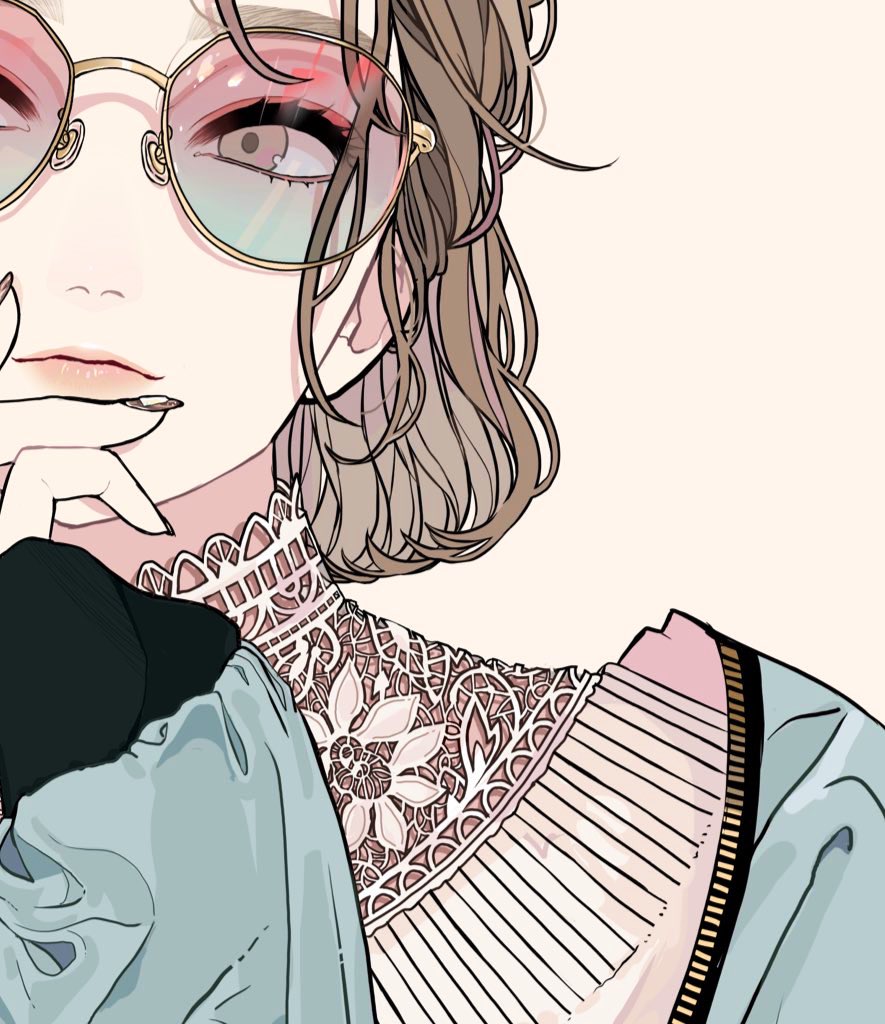 a closeup illustration of a woman with glasses, detailed lace collar and shoulder detail.