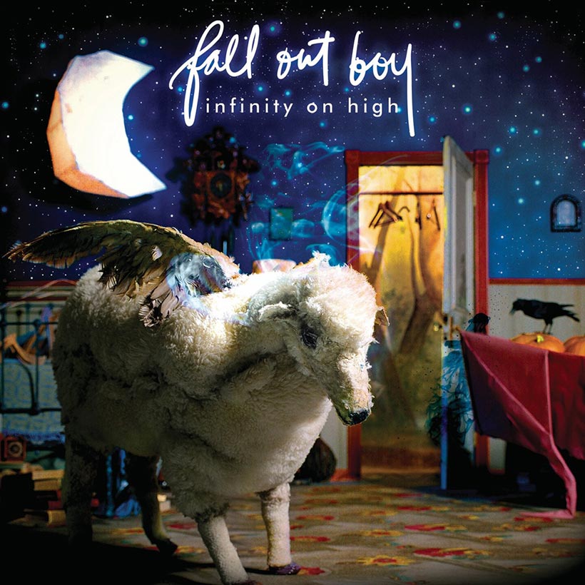 the album cover for fall out boy's infinity on high features a white, fluffy sheep with feathered wings in a house at night. the sheep is standing in a room with a window and a door. there is a crow sitting on a pumpkin in the background, and a clock on the wall. the room is decorated with stars and clouds, and there is smoke in the air. the sky outside is dark and starry, with a crescent moon. the album title is written in white script on a black background.