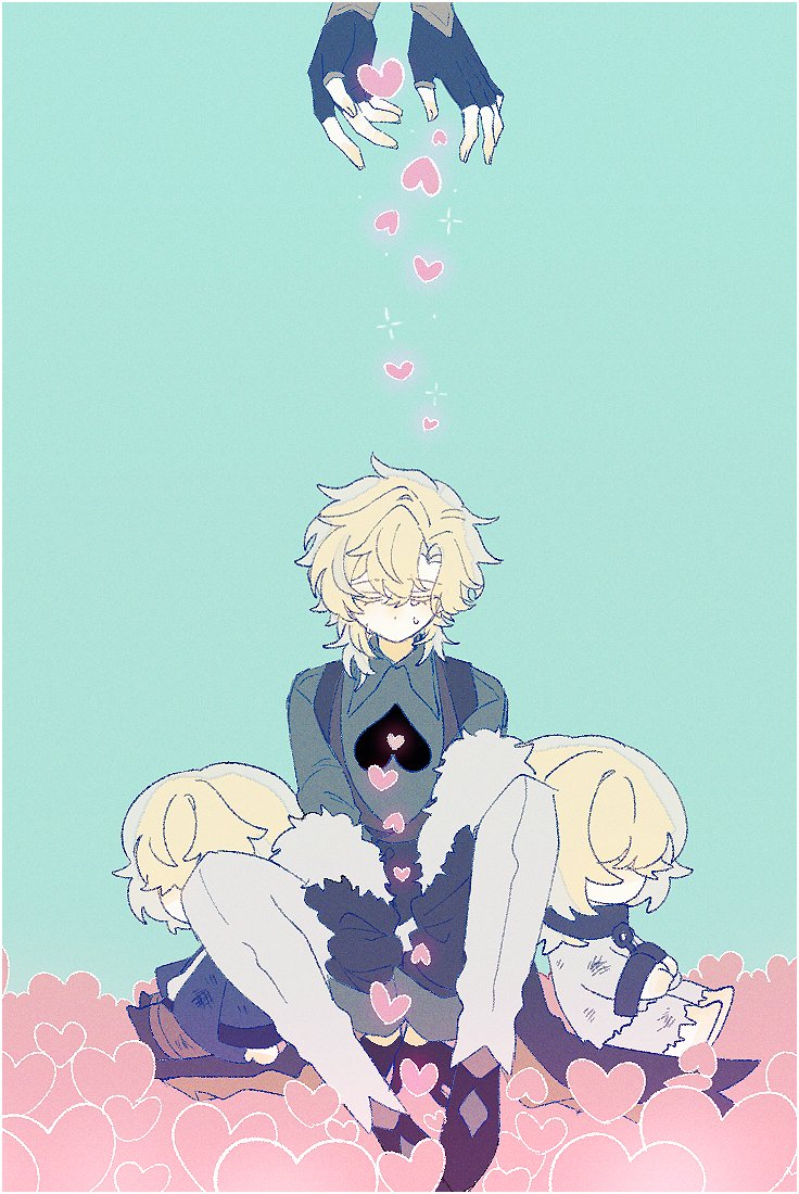 the image is a digital illustration in a soft, pastel anime style. it depicts a central male character with long blond hair, wearing a dark grey jacket with a spade symbol on the chest. he's seated amidst a bed of pink hearts, gently surrounded by two smaller, similarlooking blond characters who appear to be twins.  a pair of gloved hands is shown above him, dropping or releasing additional pink hearts. the overall mood is sweet, tender, and peaceful, suggestive of love, affection, and perhaps a familial or magical bond between the characters. the style is highly stylized and reminiscent of fanart.