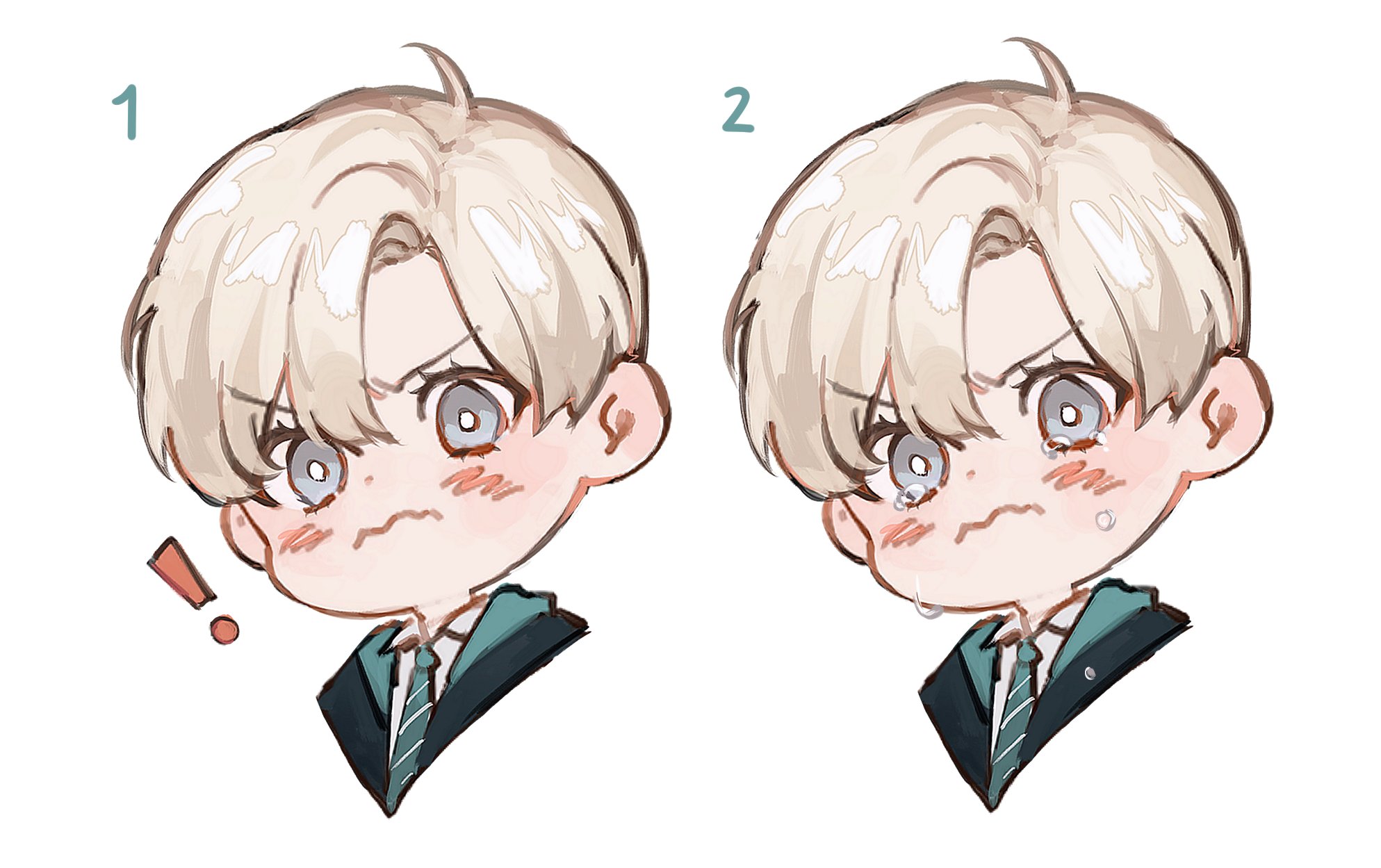 he image shows two chibistyle illustrations of a blondehaired boy, possibly a fanart character.  the first image depicts the boy with an angry expression, while the second shows him crying. both illustrations feature the boy in a teal/green school uniform with a striped tie. the style is soft and painterly, with watercolorlike textures.  the illustrations are numbered "1" and "2," suggesting a progression of emotions.