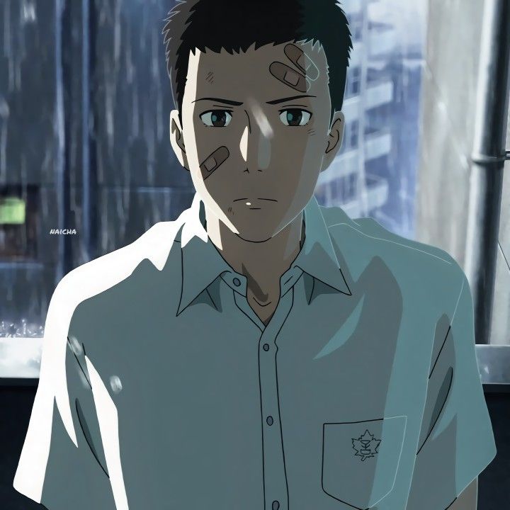 an anime boy with a sad expression is wearing a white school uniform. he has a bandage on his forehead and is looking away. he is standing in front of a window, with rain outside. he appears to be injured or hurt.