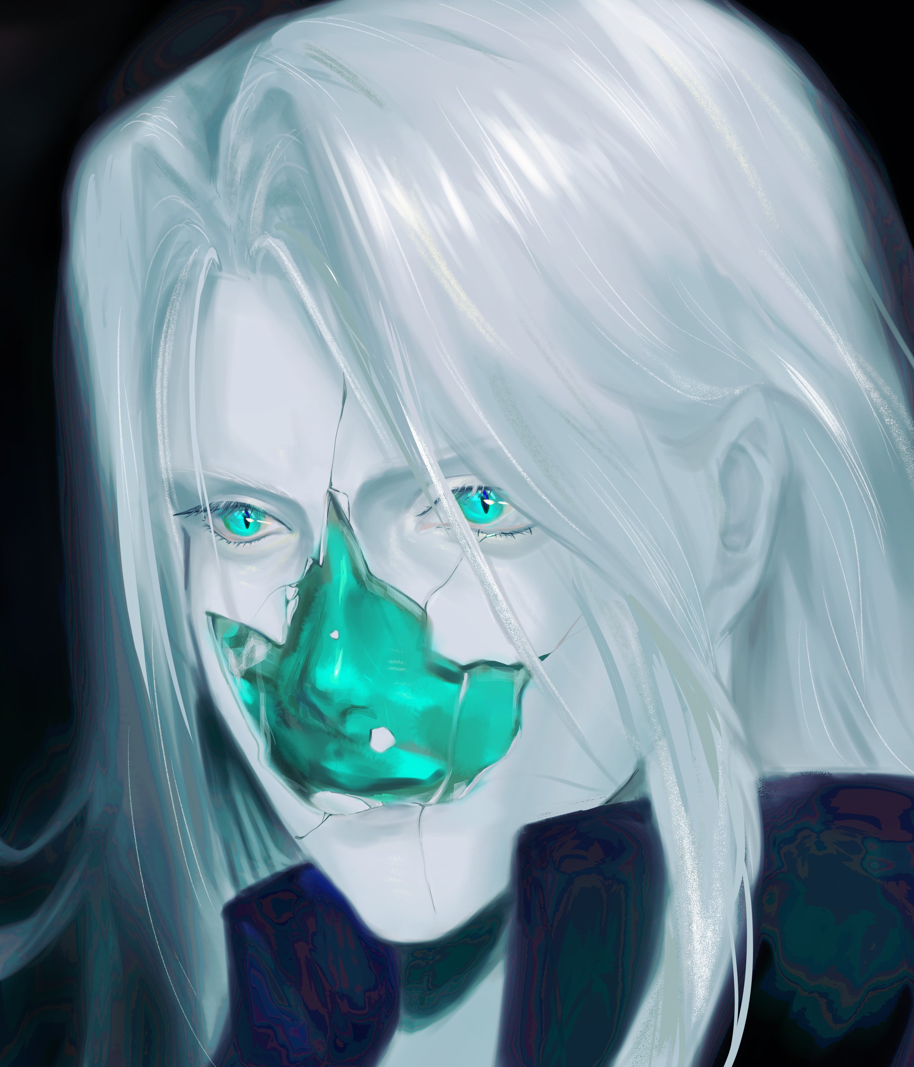 a digital art portrait of a mysterious anime woman. she has long white hair and blue eyes. her face is cracked and covered with a broken green mask. she appears to be futuristic, fantasy, and possibly cyborg. she has a mysterious and eerie look in her eyes.