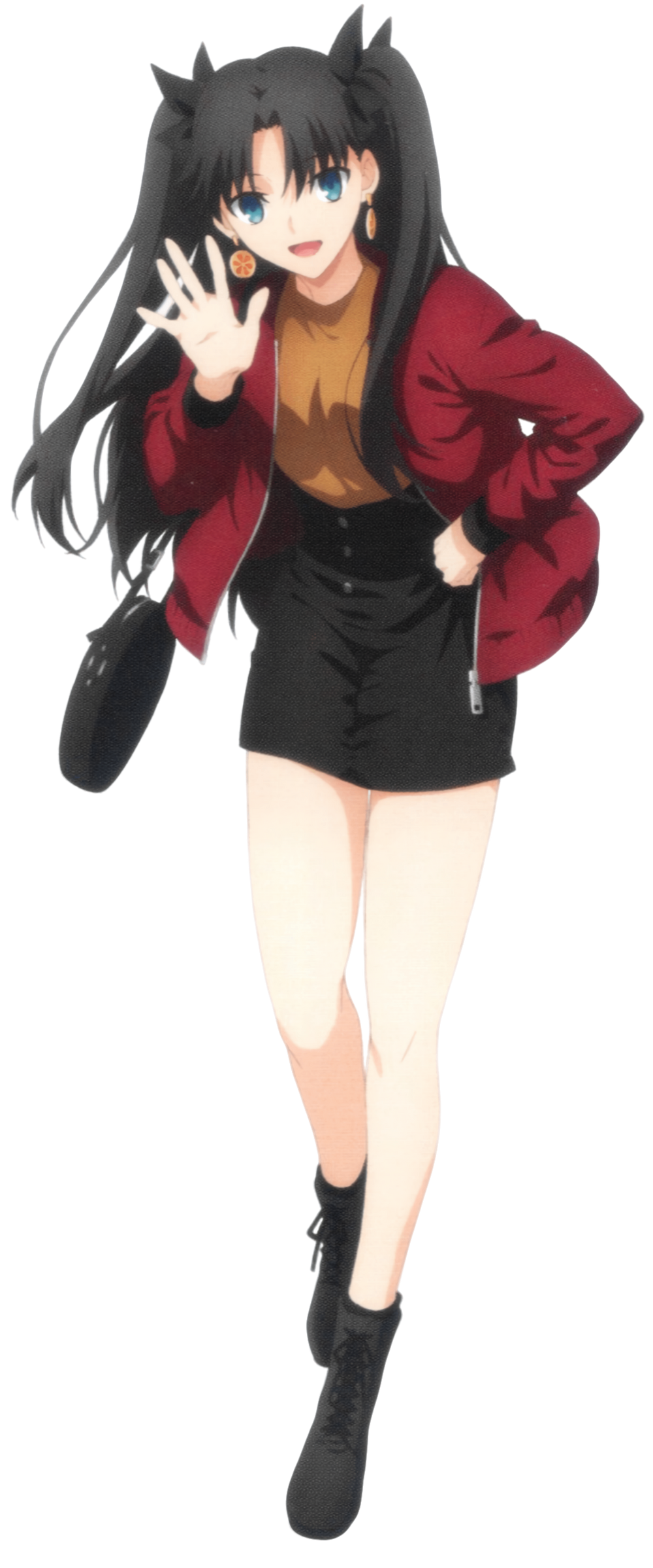the image shows rin tohsaka from fate/stay night in a casual outfit. she's wearing a red jacket, a black skirt, and black boots. her long black hair is styled in her signature twintails. she's smiling and waving her right hand. the background is transparent.