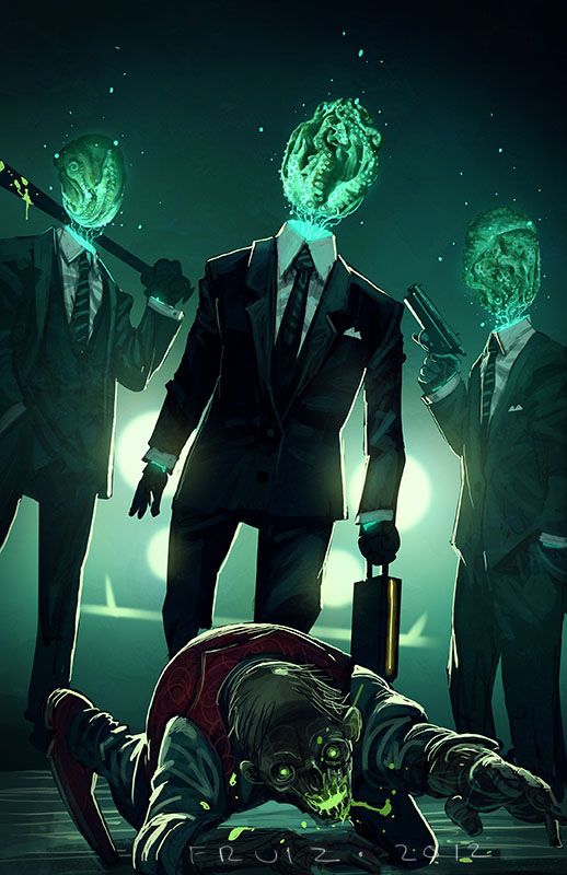 the image depicts three men in suits with glowing green heads standing over a dead, rotting zombie. each man is holding a weapon, with the man in the center holding a briefcase in addition to a gun. the scene is dark and ominous, with the only light coming from the glowing green heads and the dim lights in the background. the overall tone is sinister and creepy, suggesting a violent and dangerous situation.