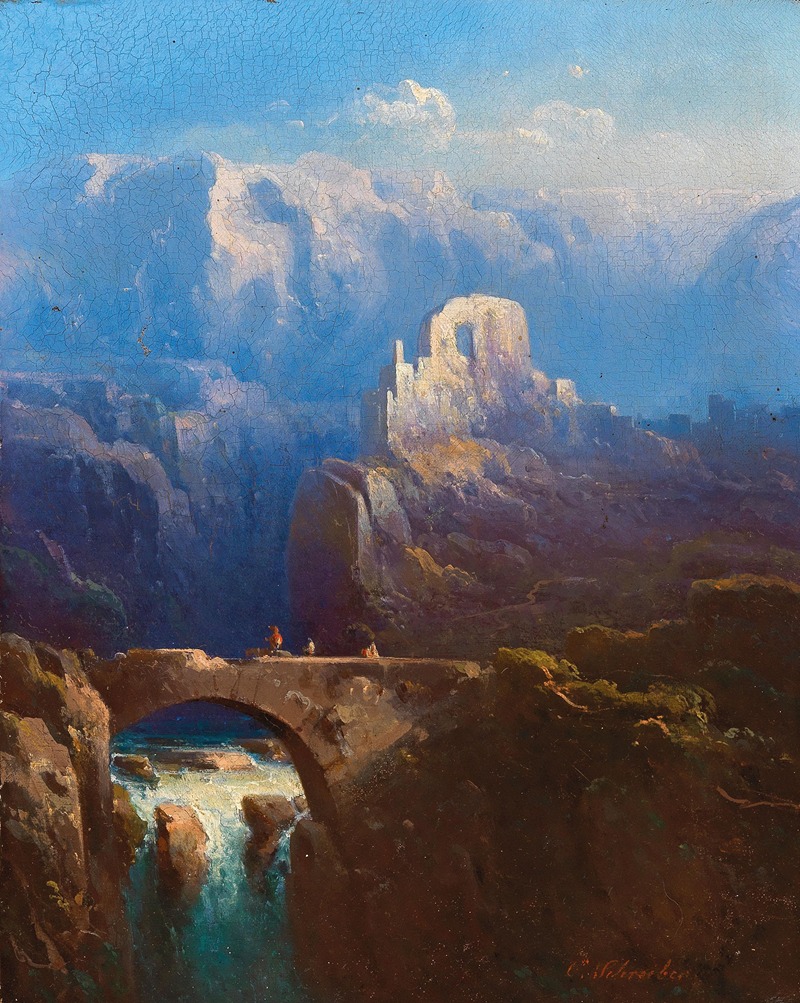 the image is an oil painting of a landscape featuring a stone bridge spanning a canyon with a waterfall below. the bridge has several figures walking across it. in the background, there is a mountain range obscured by clouds, with ruins of an old structure perched on a rocky outcrop. the sky is blue with patches of white clouds. the painting has an old, classical feel with visible brushstrokes and a muted color palette.