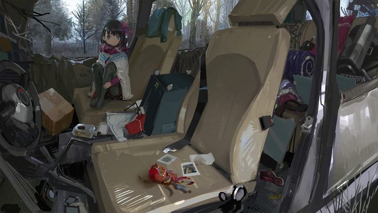 the image is a digital painting or illustration depicting an animestyle girl sitting in the passenger seat of a messy, abandoned car. the car's interior is cluttered with boxes, bags, clothing, and other items. the girl is dressed in winter clothing and appears to be pensive or sad. the setting appears to be a snowy or wintery forest. the overall style is detailed and realistic, with a focus on textures and lighting. the scene evokes a sense of loneliness or isolation.