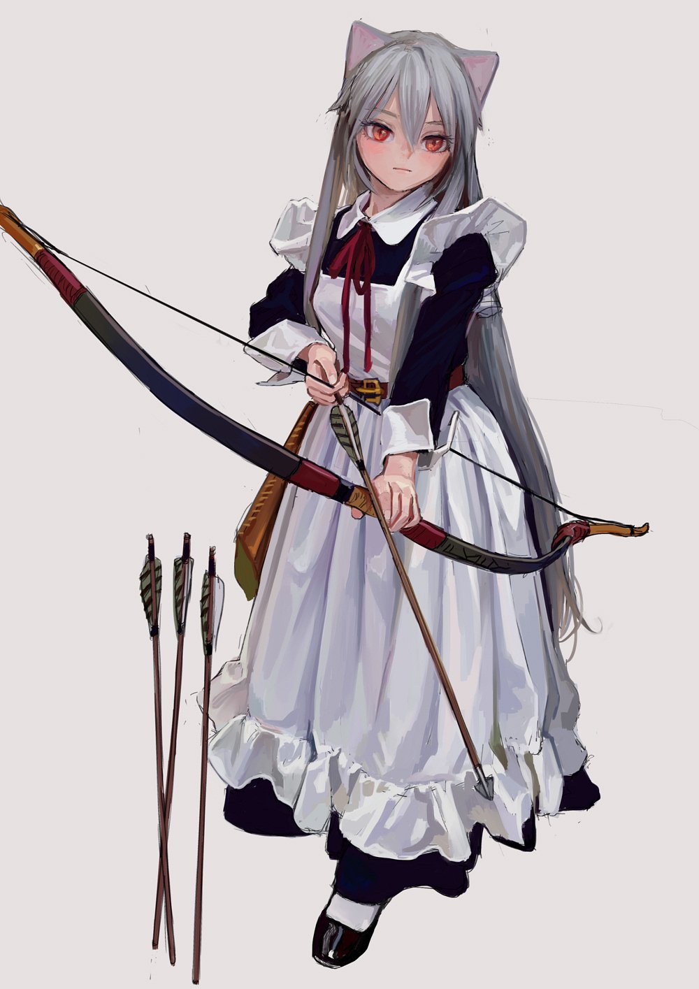 an anime girl with cat ears, red eyes, and gray hair is wearing a maid outfit and holding a bow and arrow. she has a quiver with three arrows behind her.