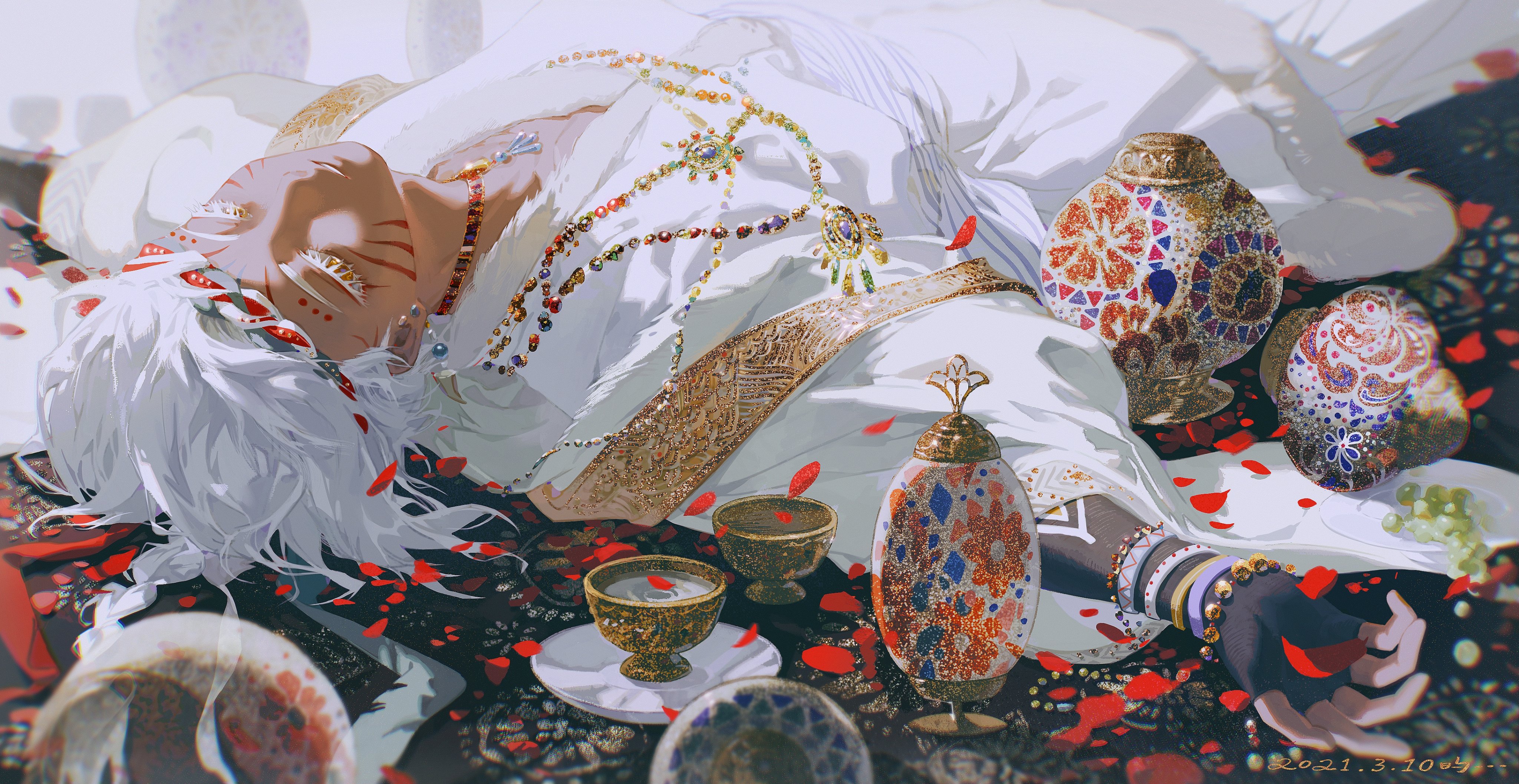 a beautiful whitehaired individual with red eyes lies on a bed of ornate fabrics, adorned with gold and red flowers. they are wearing a white robe and have a gold necklace with red beads. they have an ornate vase on their left side and another ornate vase on their right side. the background is a beautiful floral fabric in shades of gold and red.