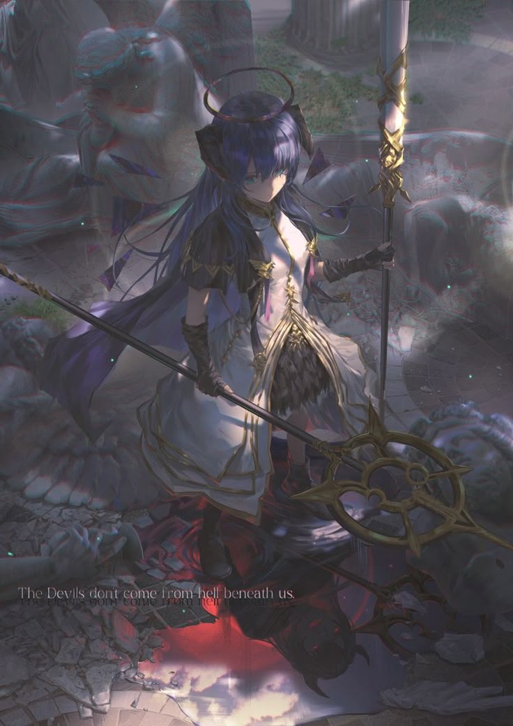 the image is a digital painting or illustration of an animestyle girl. she possesses striking blue hair, devil horns, and a halo, creating a visually intriguing juxtaposition of angelic and demonic features. she's dressed in an ornate, flowing white and darkcolored gown, and wields two large, intricately designed staffs or spears. the background is a ruined, dark, and atmospheric setting with broken stone structures. the overall mood is dark and mysterious, enhanced by the subdued lighting and the quote overlayed on the image: "the devils dont come from hell beneath us," which adds a narrative layer.  the art style leans towards dark fantasy and gothic aesthetics. the girl appears powerful yet possibly melancholic,  fitting the ominous atmosphere of her surroundings.