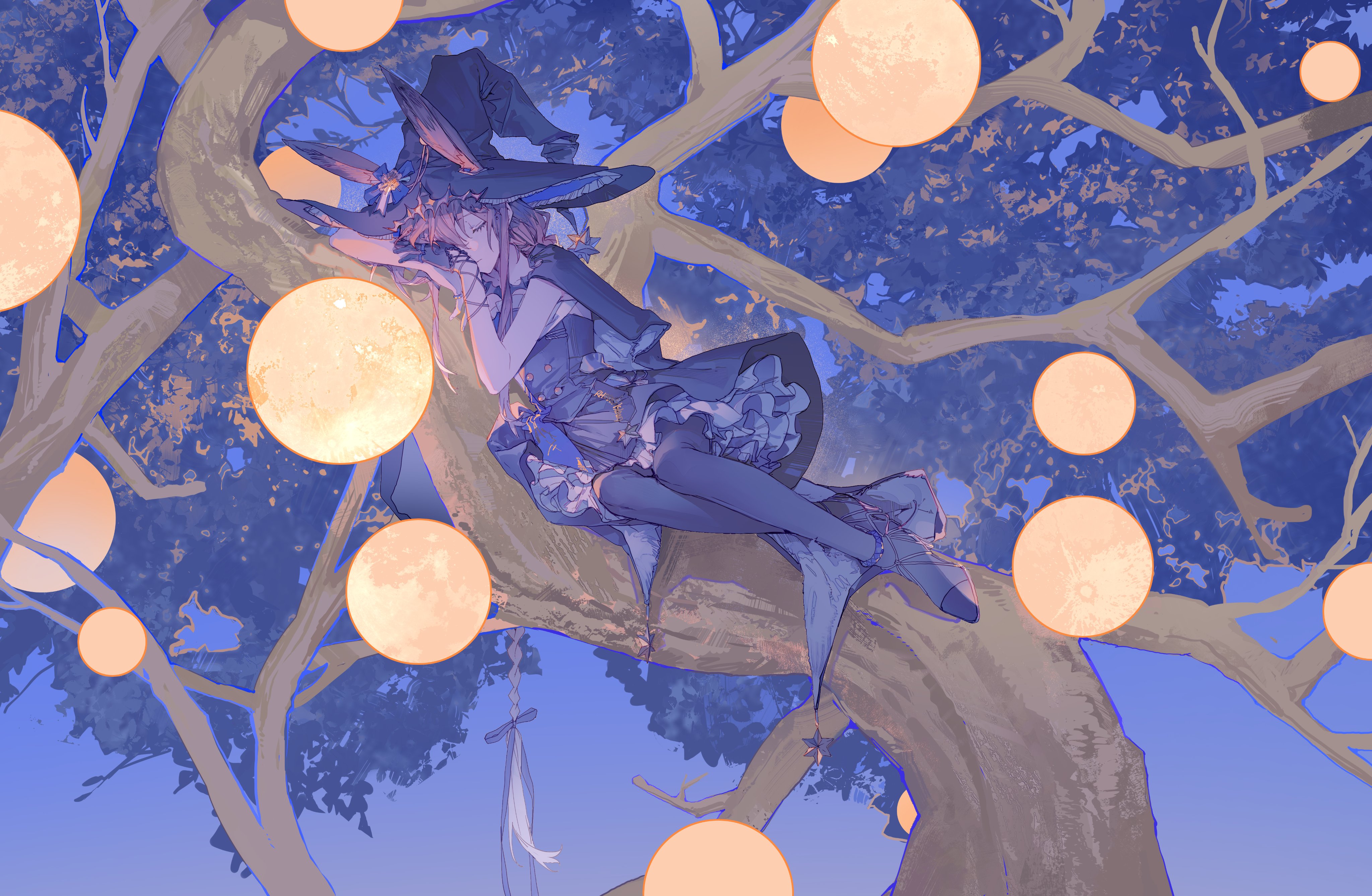 an animestyle illustration of a witch with bunny ears sleeping in a tree adorned with lanterns. the color palette is predominantly blue and purple.