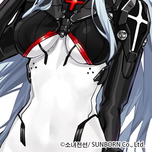 this is a digital illustration of a female anime character.  she is wearing a black and white bodysuit with red accents that appears to be some sort of futuristic armor. the suit is formfitting and accentuates her feminine form.  her long, white hair falls around her.  the background is white.  this is likely a character concept sketch.