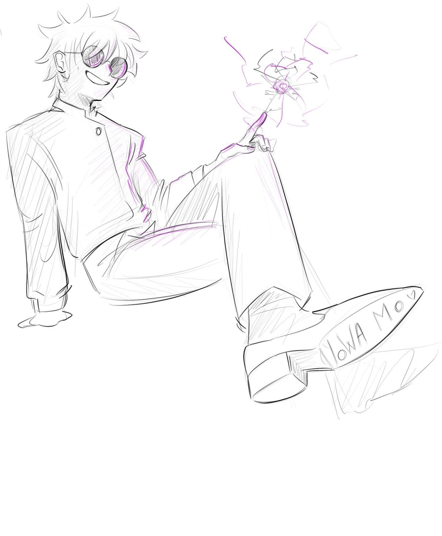 this is a sketch of an anime boy wearing glasses. he is sitting with his legs crossed and his right foot is resting on top of his left leg. he is wearing a casual outfit and his shoes are labeled "iowa mo". the drawing is done in pencil and is quite simple, but the boy is very expressive and there is a sense of movement in his pose.