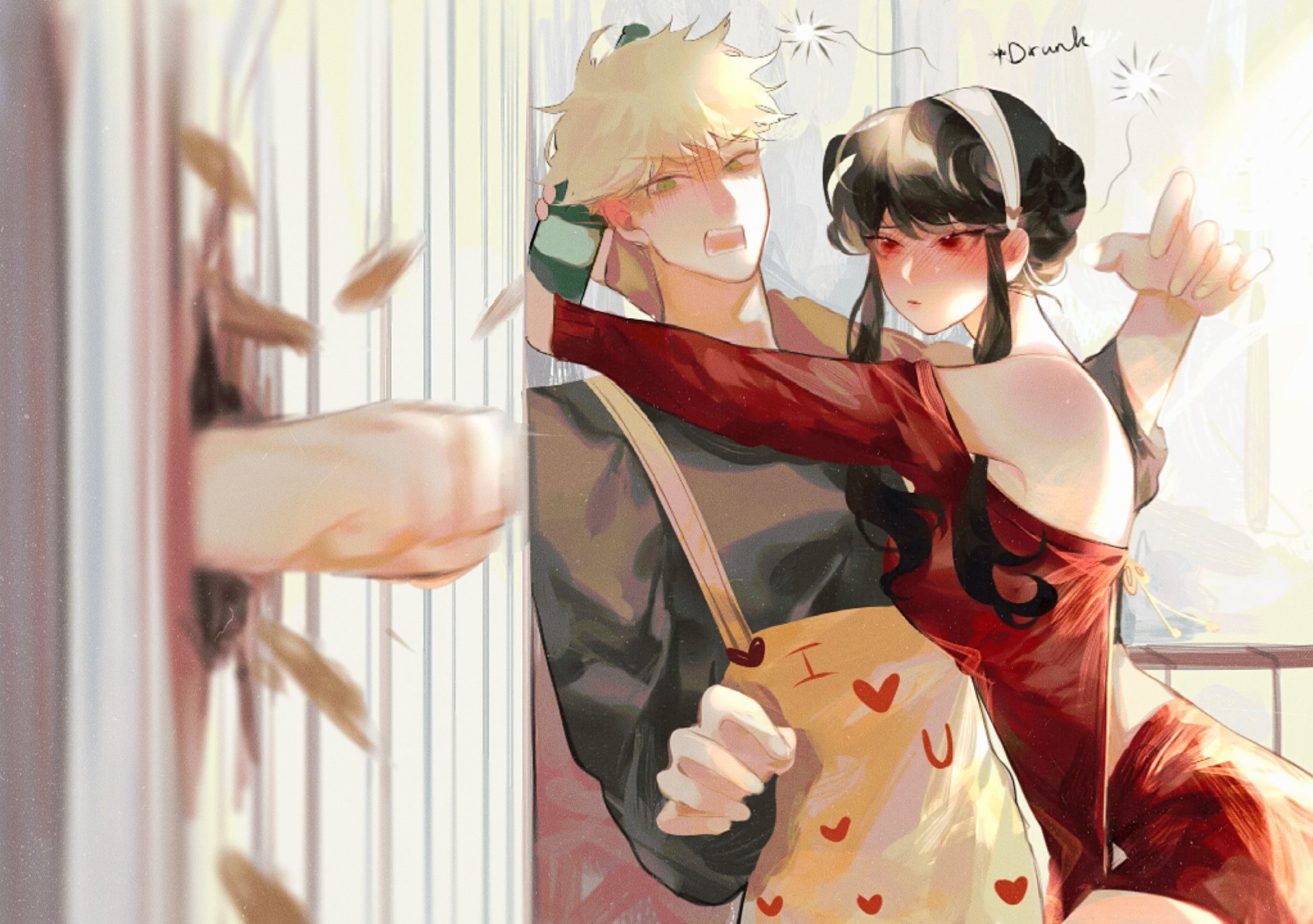 the image is a digital painting in a soft, anime style. it depicts a romantic scene between a blondehaired man and a blackhaired woman. the woman, in a red dress, is embracing the man from behind, her arms around his shoulders.  he appears slightly drunk, holding a bottle or glass near his face. the woman seems slightly intoxicated as well. they are wearing a heartdecorated apron, implying a domestic setting.  a hand is shown breaking through a door or wall in the foreground, possibly suggesting a playful intrusion or a moment of unexpected interruption to their intimacy. the background is softly lit, with a window visible, creating a warm, romantic atmosphere. the overall style is soft and dreamy, emphasizing the affectionate and intimate nature of the couple's interaction.