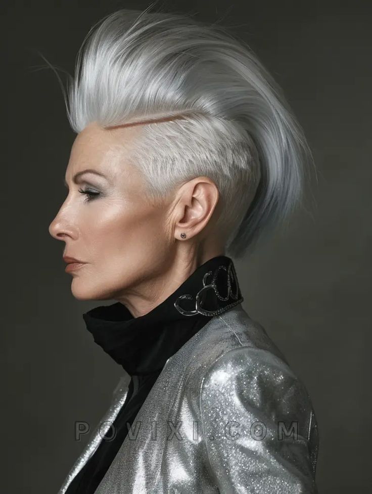 a side profile shot of a woman with short, silver hair styled in a mohawklike fashion. she is wearing a black turtleneck under a shiny, silver jacket. her makeup is subtle and sophisticated. the overall aesthetic is modern, edgy, and fashionable.