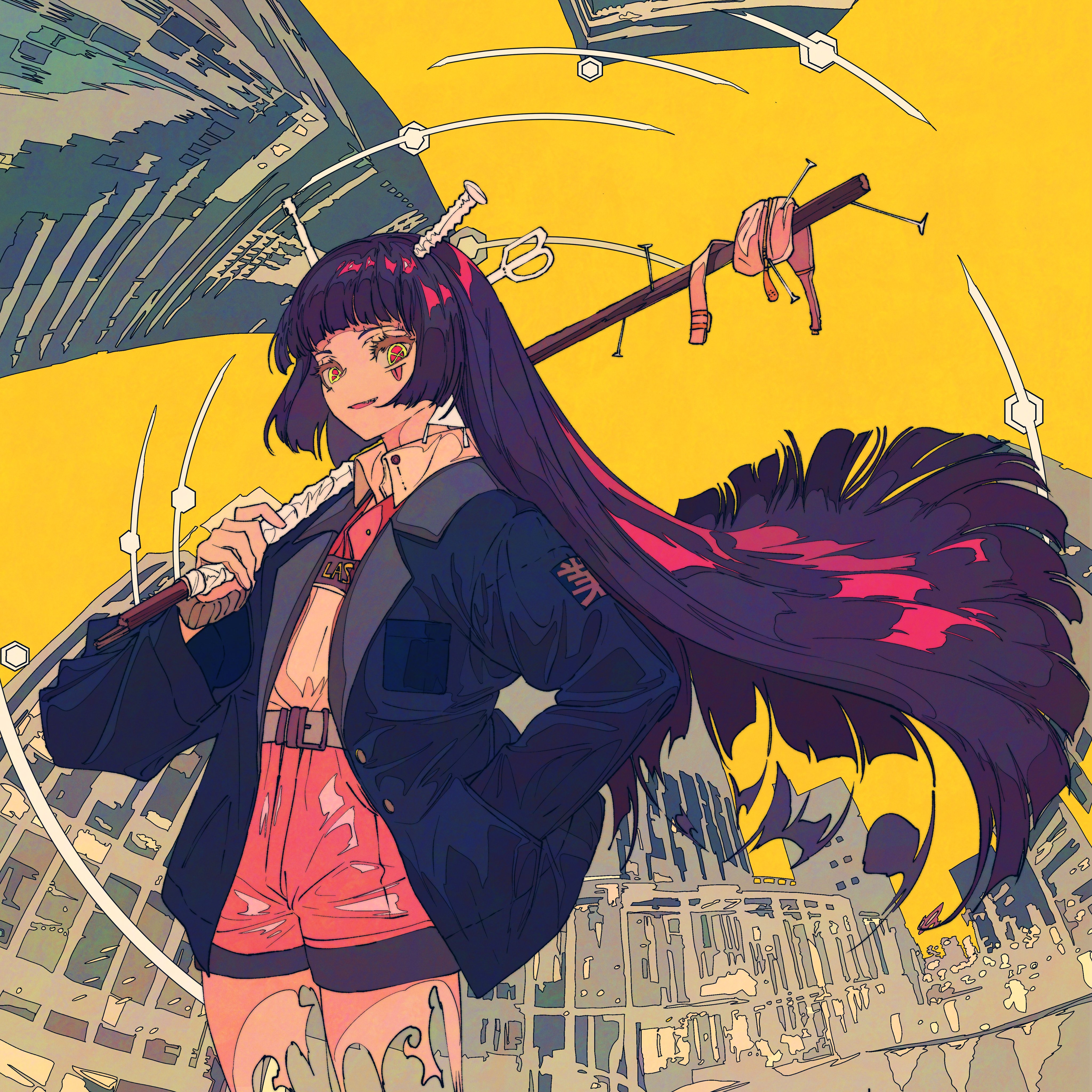 the image is a digital illustration of an animestyle girl with long purple hair. she's dressed in a cyberpunkinspired outfit, a dark jacket and short, bright pink shorts.  she holds a long stafflike weapon adorned with various objects, including what appears to be pins and fabric scraps. the background is a stylized cityscape with a vibrant yellow dominating the color scheme. the artwork is highly detailed and has a dynamic, energetic style. the girl's pose is confident and her expression is bold.  the overall aesthetic is a blend of futuristic and urban elements with a strong emphasis on graphic design and bold color choices.