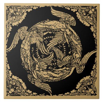 the image depicts a square tile or print featuring a complex, swirling design in black and gold.  the central motif consists of three stylized winged figures intertwined and circling each other, creating a sense of movement and energy.  the figures appear somewhat mythical or angelic in nature. the style evokes art nouveau or art deco influences, with its intricate line work, organic shapes, and symmetrical composition.  the background is black, providing a strong contrast to the gold figures, enhancing the details. ornate borders surround the central design, adding to the overall sense of elegance and sophistication. the overall aesthetic is one of both intricacy and visual balance.