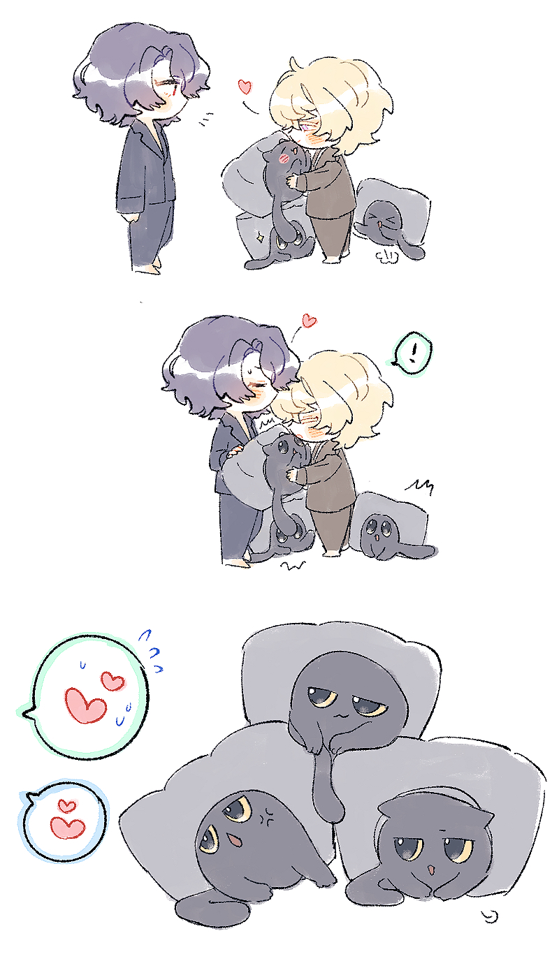 he image is a collection of cute chibistyle illustrations depicting a romantic couple interacting with cats. the style is soft and pasteltoned, with simple line art and shading. the illustrations show the couple cuddling, holding cats, and sleeping with cats on pillows. the overall mood is sweet, affectionate, and romantic.  there are multiple scenes, implying a story or a series of moments. the characters have distinctive hair colors and styles, and the cats are consistently drawn in a similar manner.