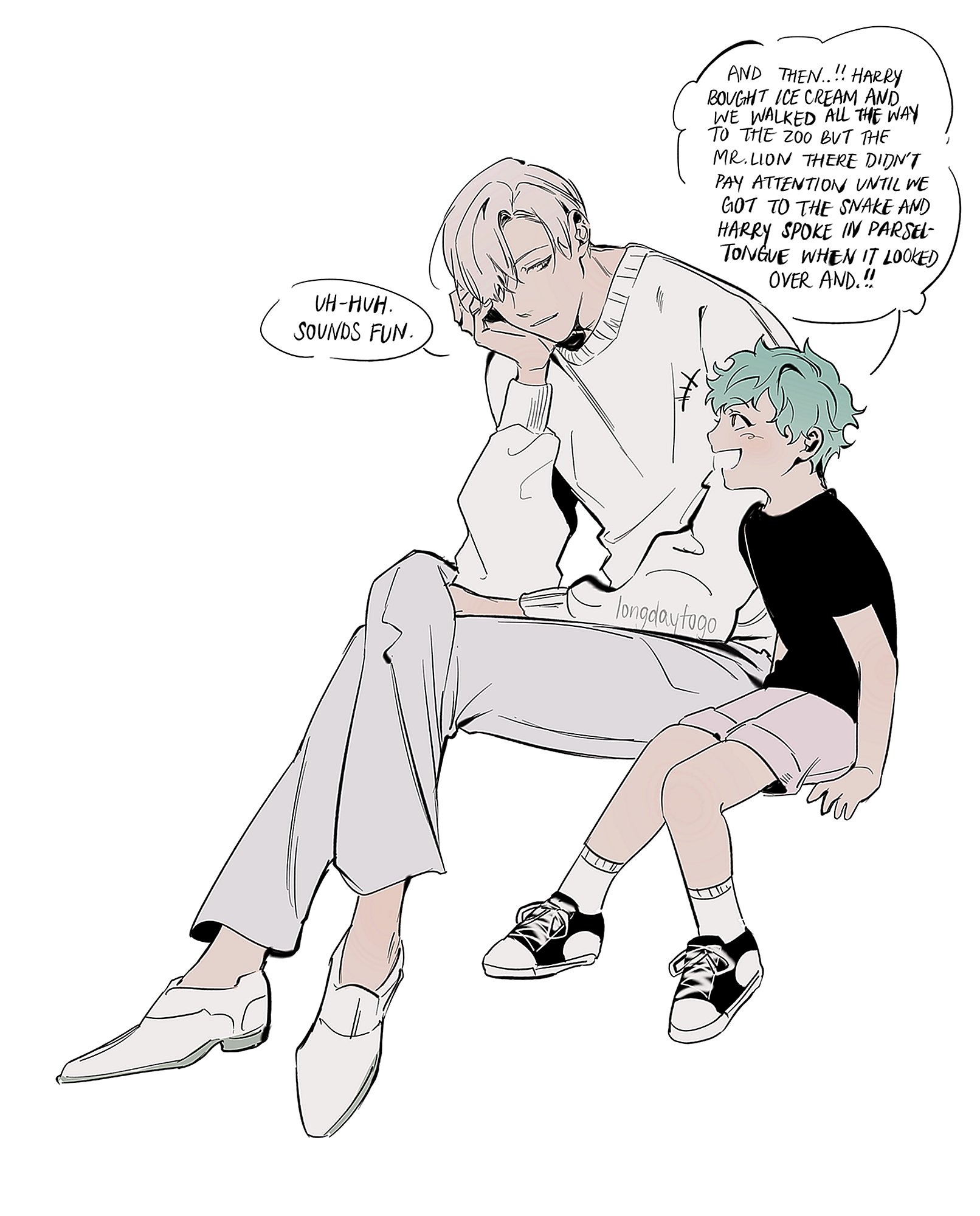he image is a mangastyle illustration featuring two characters: a man with white hair and a boy with bright green hair.  they are sitting together, and the man is leaning against the boy. the boy looks happy and is listening attentively as the man recounts a story, which is presented in speech bubbles.  the story involves ice cream, a trip to the zoo, and a snake that understands parseltongue. the overall style is clean and simple, with mostly light grayscale tones. the artistic style has a modern, slightly stylized feel common to webcomics.