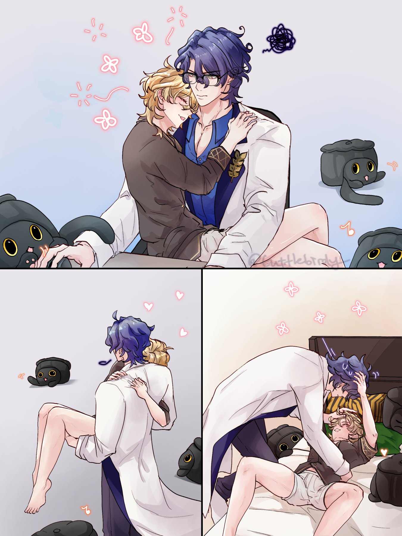he image is a digital drawing or fanart depicting a boys love (bl) couple in various affectionate scenes.  the art style is soft and pasteltoned, with a whimsical feel indicated by floating hearts, flowers, and stars. across three panels, the couple, one with purple hair and glasses and the other with blonde hair, are shown cuddling, embracing, and playfully interacting.  the background includes small, cute black cat plushies that add to the lighthearted mood.  the overall style suggests a romantic and lighthearted tone, characteristic of bl fan art.
