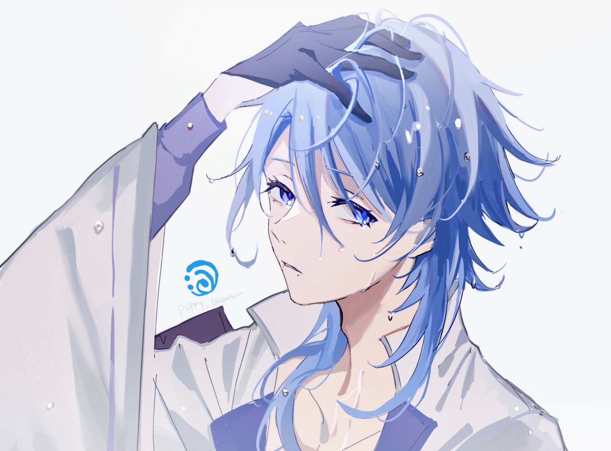 this is a digital illustration of an anime character. the character is a young boy with blue hair and blue eyes. he is wearing a white outfit and has a sad expression on his face. there are raindrops falling on him, and he is wet. the art style is cute and stylized. the background is simple, allowing the focus to be on the character.