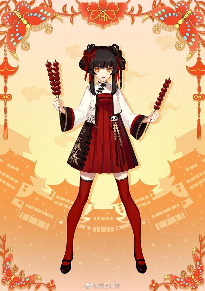 a young animated girl stands in the center of the image. she's wearing a red and black chinesestyle dress with long red stockings and black shoes. her black hair is styled with red ribbons, and she holds two tanghulu  candied fruit skewers  in her hands. behind her, traditional chinese buildings are sketched in orange hues. the background is framed by an ornate red border with floral and butterfly motifs.  the overall ambiance is cheerful and festive.
